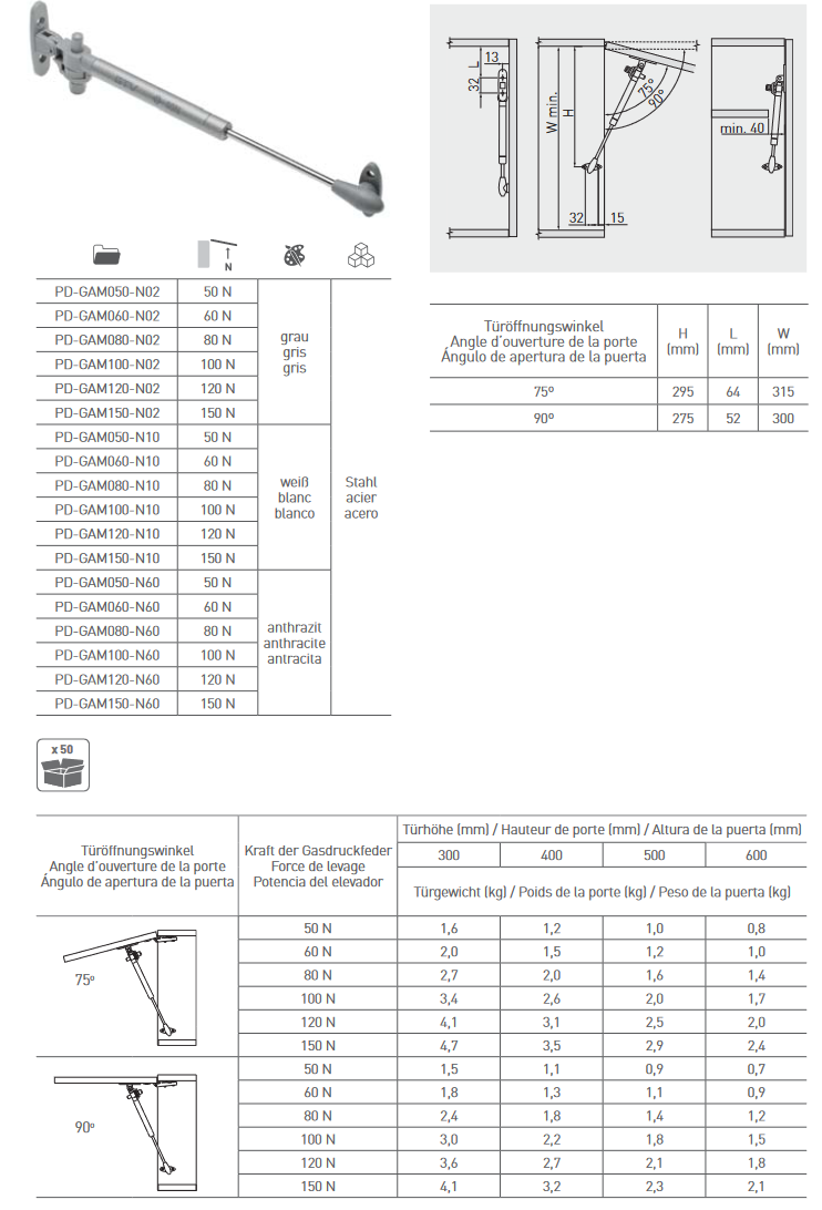 Vérin hydraulique Set Klappenhalter Volet Soutien Küchenklappe Porte 50-150  N