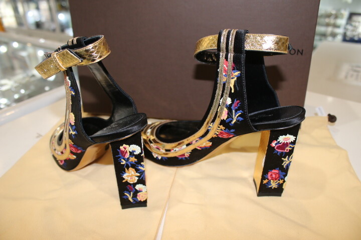 Louis Vuitton Black Satin Floral Embroidered golden Trim Ankle