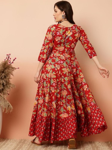 Indian Women Red Cotton Floral Printed Anarkali Flared Kurta Kurti Long Dress - Bild 7 von 7