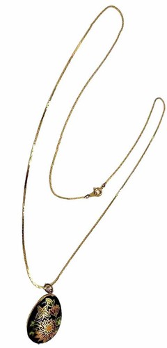 Collar Colgante Cloisonné Hinchado Floral Esmalte Negro con Cadena Tono Dorado ¡Bonito! - Imagen 3 de 9