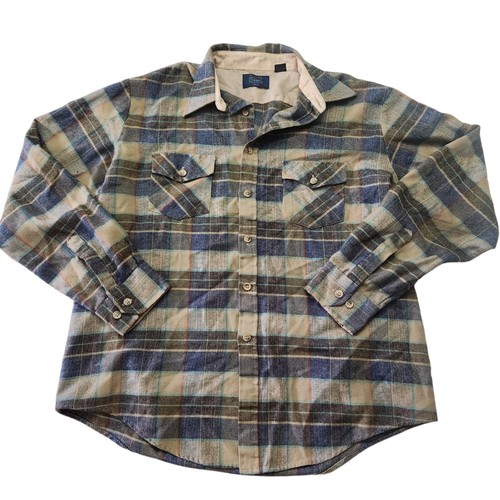 Vintage Sears Flannel Shirt Men Extra Large XL 17 Blue Plaid Long Sleeve Grunge - Picture 1 of 8