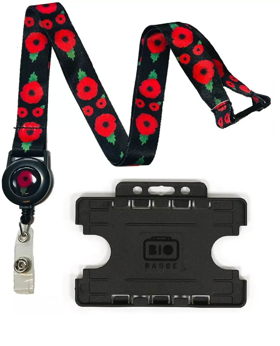 Poppy Flower Neck Lanyard With Integrated Badge Reel &Black Horizontal ID  Holder