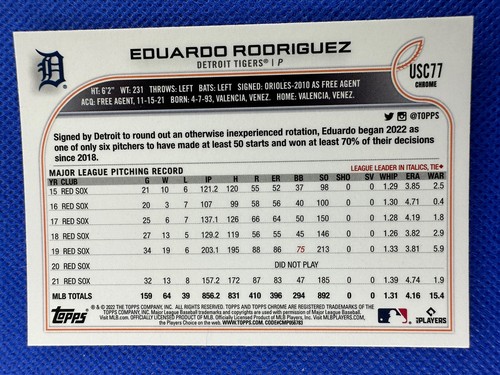 2022 #USC77 Eduardo Rodriguez Topps Chrome Updates Baseball Detroit Tigers - Picture 2 of 2