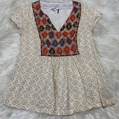 Anthropologie Akemi + Kin Women's Top Boho Peasant Embroidered Aztec V-Neck XS