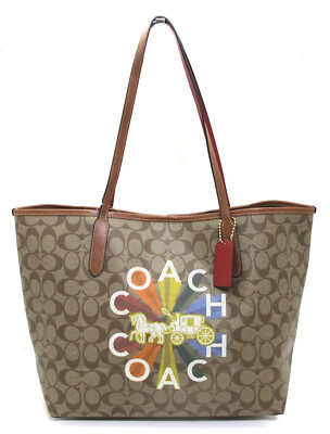 NEW Authentic COACH Radial Rainbow Logo Print City Tote Shoulder Bag  Khaki/Gold