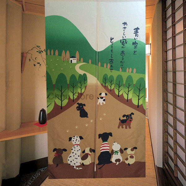 Lovely Japanese Noren Door Tapestry Happy Dog Pattern Doorway