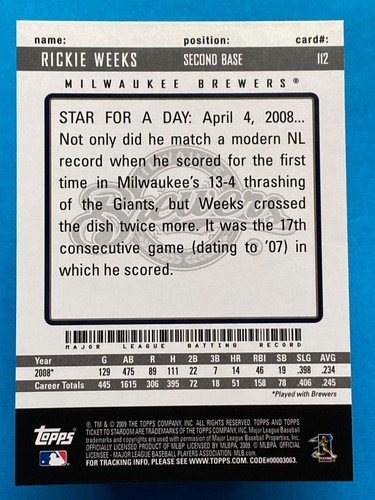 2009 Topps Ticket to Stardom Rickie Weeks #112 Milwaukee Brewers - Picture 2 of 2