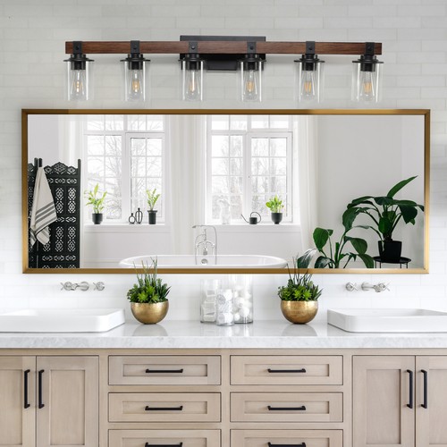 42" Vanity Light 6 Lights for Bathroom Vintage Wood Mirror Wall LED Lamp Fixture - Picture 3 of 12