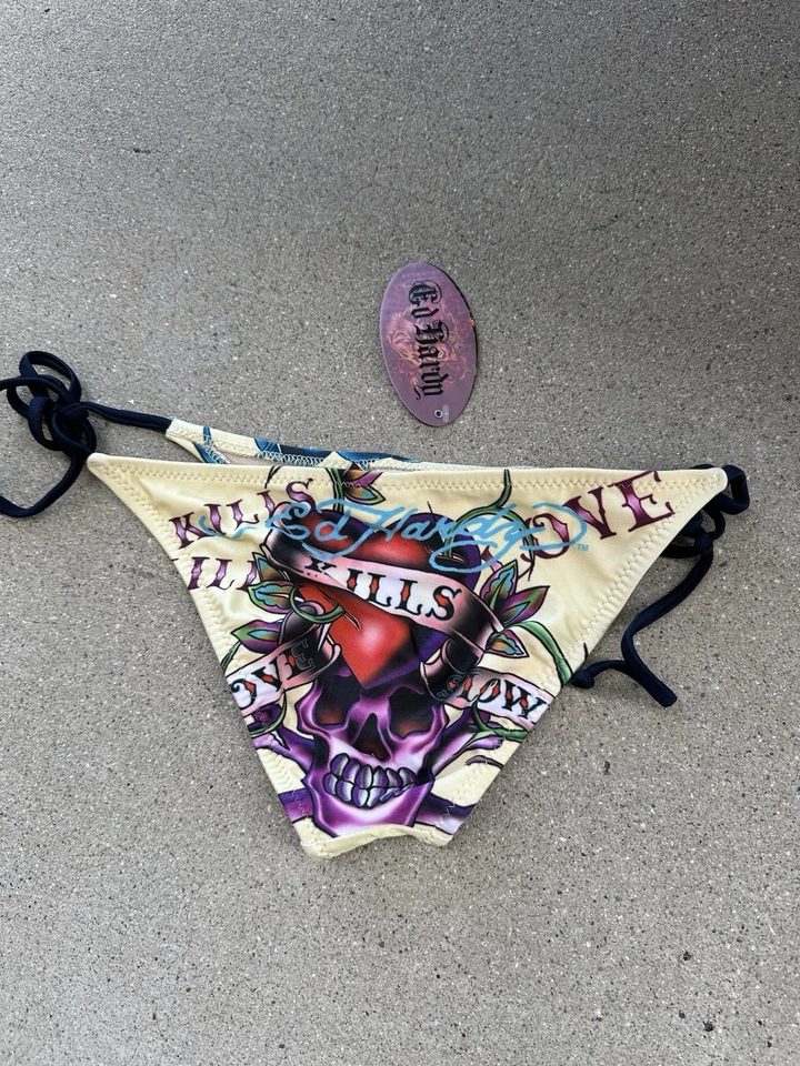 Parte inferior de bikini ED HARDY vintage Y2K rara Love Kills cuerda vanguardista M Foto 4 de 4