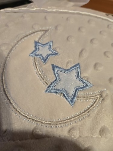 Kyle and Deena Baby Blanket Cream Satin Sherpa Dots Plush Moon Blue Stars - Picture 2 of 6