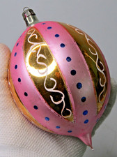VTG Glass Pictured DOTS Jumbo 5" DROP Christmas Ornament Poland PINK GOLD