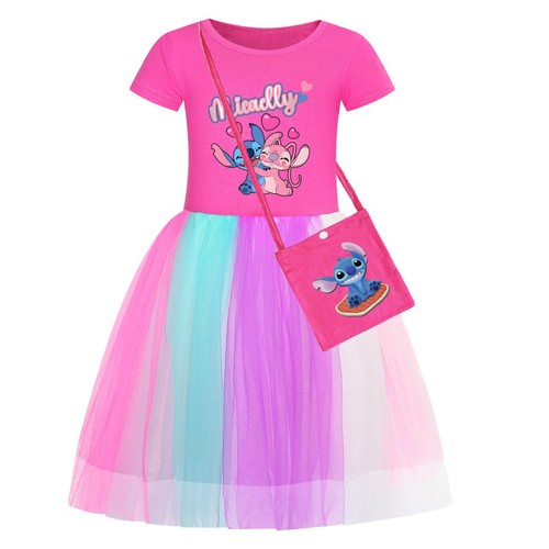 Girls Lilo Stitch Dress Rainbow Mesh Party Princess with Bag Tutu Skirt Gifts - Picture 14 of 30
