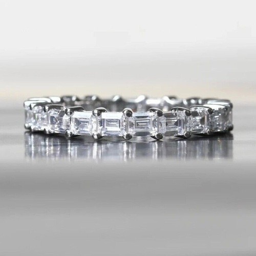 Emerald Cut Diamond Full Eternity Wedding Band Ring 14k White Gold Finish - Picture 5 of 8