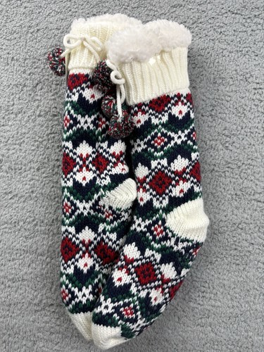 Fair Isle Damen-Hüttenschuhe Strickimitat Lammfell gefüttert mit Bommeln & Greifern - Bild 6 von 7