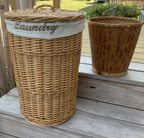 Cesta de lavandería redonda alta de mimbre de colección con tapa 13x20” + cesta de basura + forro BONITA - Imagen 2 de 23