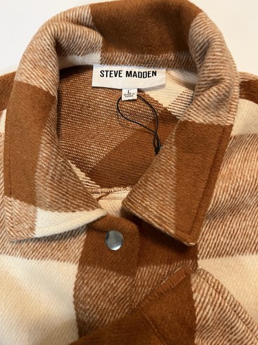 Chaqueta de franela a cuadros Steven Madden para mujer L flecos marrón crema broches de presión mezcla de lana - Imagen 2 de 9