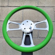 16 Inch Chrome Semi Truck Steering Wheel with Lime Green Vinyl Grip - 5 Hole