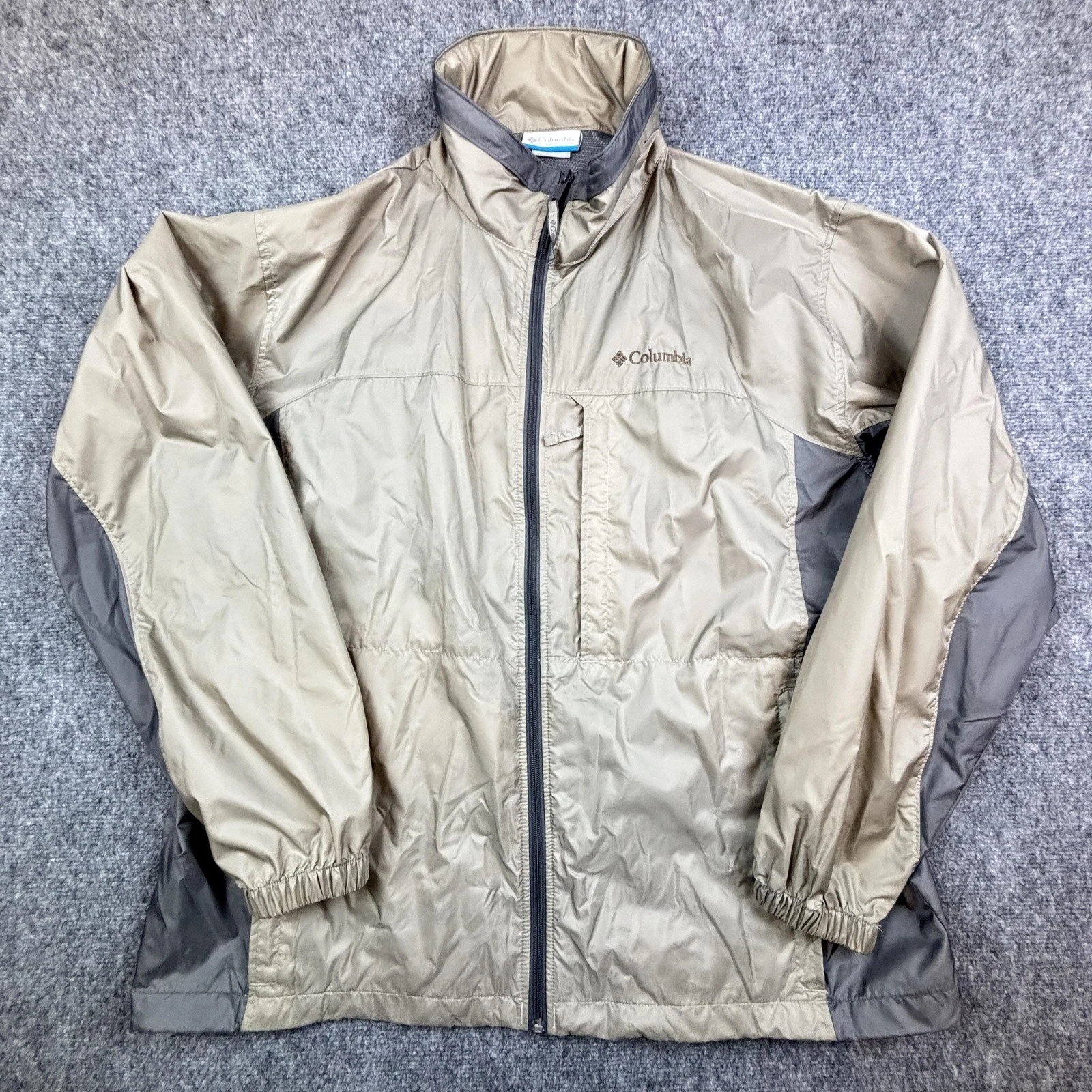 Columbia Jacket Mens XL Tan Gray Packable Full Zip Hooded Windbreaker Outdoors