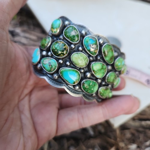 Tom Lewis Navajo Sonoran Gold Turquoise Row Cluster Wide Cuff Bracelet - Picture 13 of 18