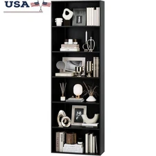 6 Tier Industrial Black Bookcase Open Shelf Storage Unit Home Office Library New