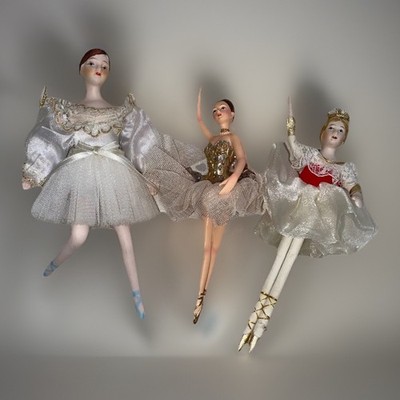 Vintage Porcelain Resin Fabric Ballerina Ballet Dolls Christmas Ornament LOT 3
