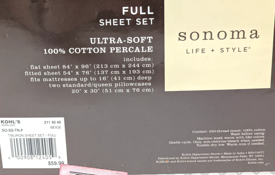 Nuevo Juego Completo de Sábanas Kohl's Sonoma Life + Estilo Beige Tiburón 100% Algodón Percal Foto 4 de 4