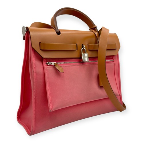 Hermes Rose Azalee Natural Toile & Saddle Brown Leather Herbag Zip 31 - Picture 15 of 17