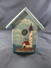 5.25" Small Faux Bird House Wooden Decorative with Lighthouse Ship Sea Theme