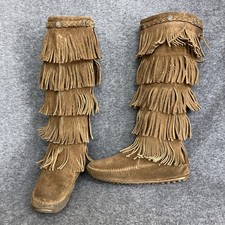 Minnetonka Fringe Western Boots Women 7 Boho Brown Suede Tall Moccasin Indian