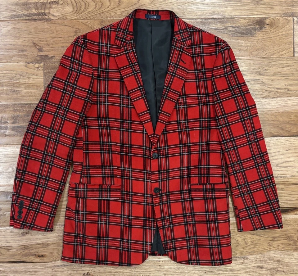 Blazer de pana a cuadros 40R de algodón Saddlebred abrigo deportivo traje chaqueta rojo negro Foto 3 de 4