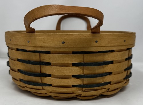 Longaberger Brown Round Shape HandWoven Traditional Basket With Leather Handles - Picture 2 of 6