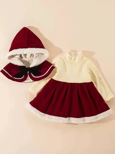 Winter Christmas Dress Girls Velvet Cloak+Flared Dress Children Kids Christmas - Picture 9 of 23