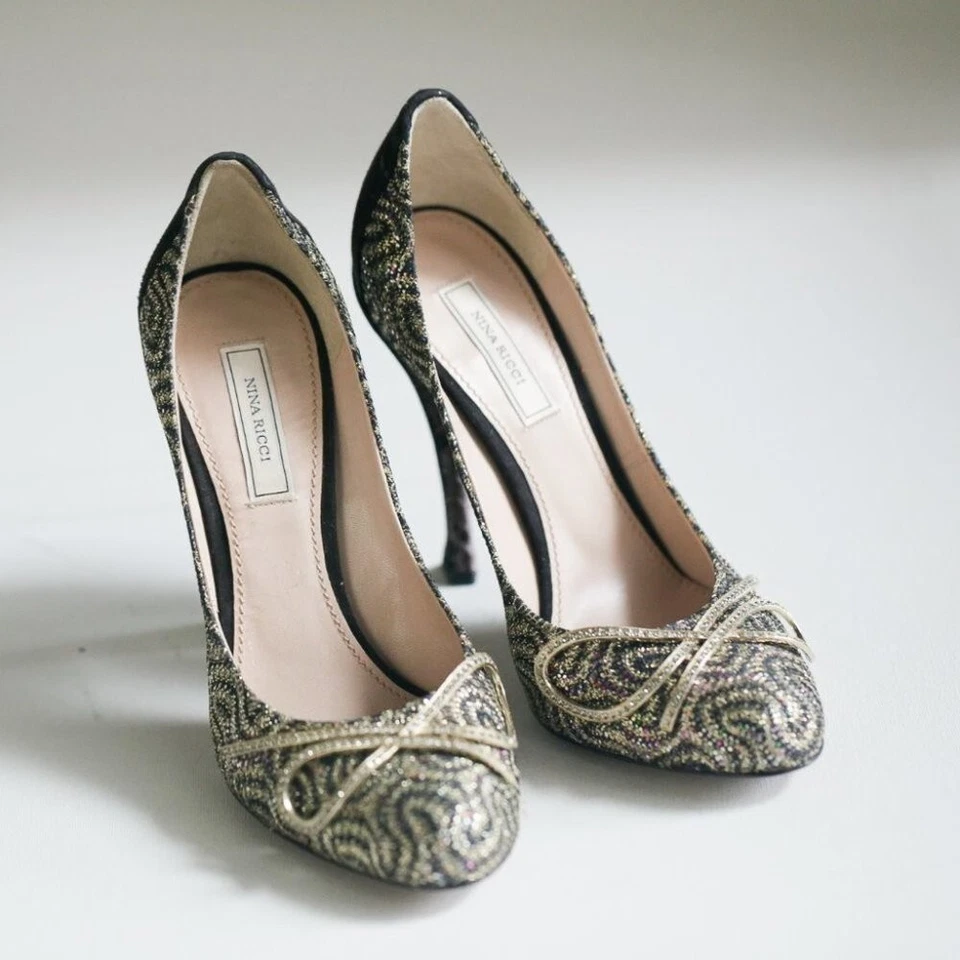 Nina Ricci High-Heel Glitter Black  Suede Pumps 37 - Image 2 of 4