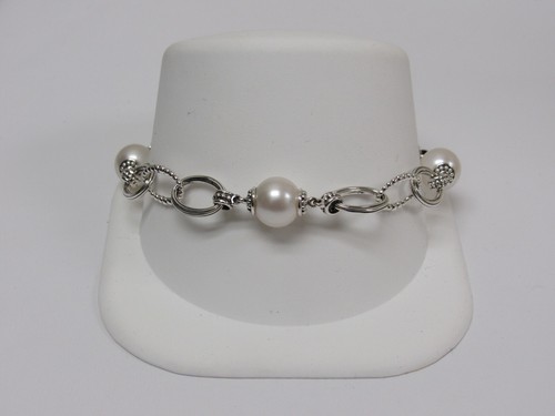 Designer LAGOS Sterling Silver Luna Pearl Alternating Caviar Link Bracelet