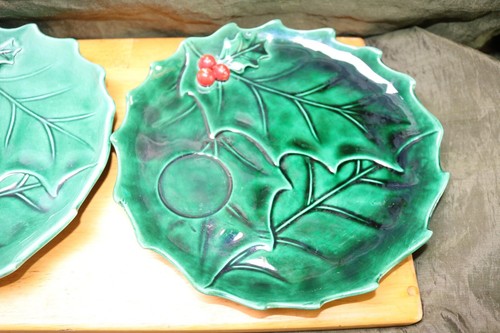 MCM Lefton Holly Berry Christmas 3 Snack Plates #1363 Green Leaf Red Berry - Picture 5 of 10