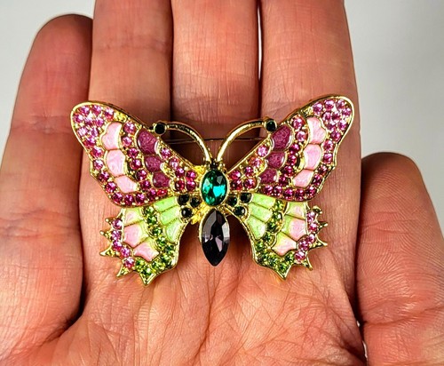 44mm Multicolor Enamel Butterfly Brooch Badge Lapel Pin w/ Rhinestone + Gift Box - Picture 6 of 7