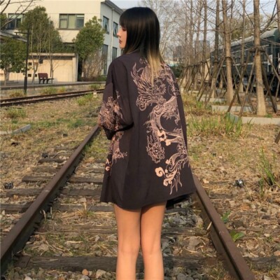 Lady Japanese Kimono Coat Yukata Outwear Top Retro Chinese Dragon Cardigan New