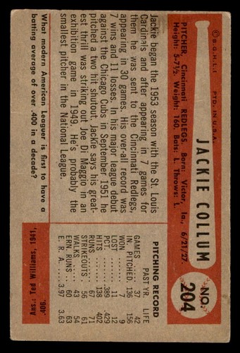 Bowman Baseball 1954 #204 Jack Collum en muy buen estado *d3 - Imagen 2 de 2