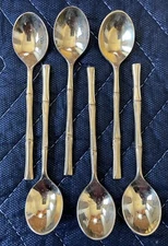 Viners of Sheffield Bamboo Handle Gold 4 1/4" Mini Dessert Spoon Lot Of 6