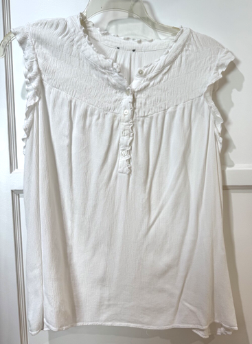 Womens Plus Size 2x White Rib Knit Sleeveless Blouse Ruffle Smocked Rayon - Picture 1 of 3