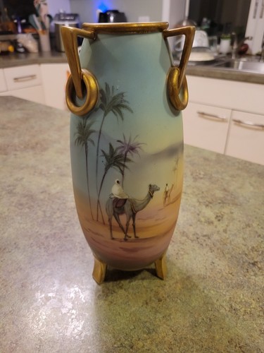 RARE Antique 1910s NIPPON Green M Mark Desert Camel Footed Handled 10" Vase - Picture 1 of 13