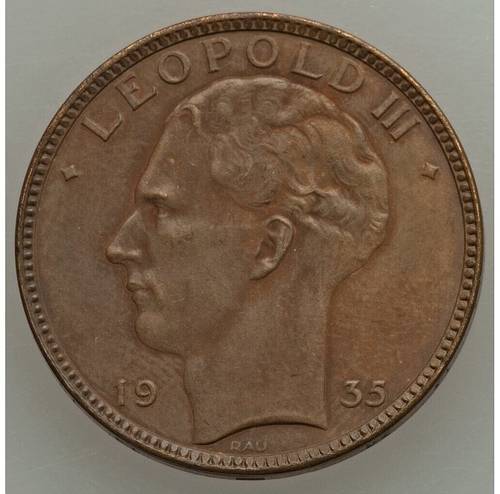 1935 BELGIUM LEOPOLD III DUPRIEZ-2561 BRONZE PATTERN 20F NGC MATTE PROOF BROWN - Picture 1 of 6