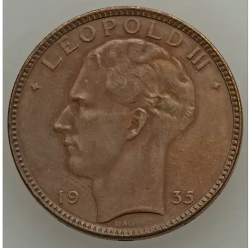 1935 BELGIUM LEOPOLD III DUPRIEZ-2561 BRONZE PATTERN 20F NGC MATTE PROOF BROWN