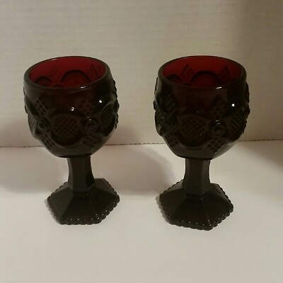 Avon 1876 Cape Cod Style Glass Ruby Red 4.5  Inch Tall Wine Goblets Set Of Two