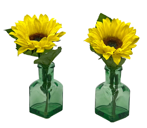 (2) Single Artificial Sunflowers In a Green Clear Glass Vase NEW - Foto 1 di 5