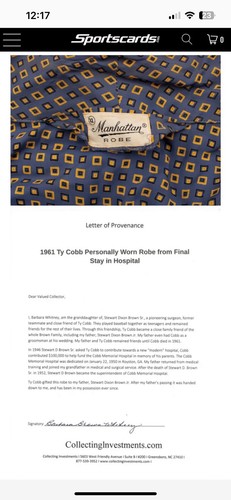 Upper Deck Jersey Fusion Ty Cobb Profusion Final Hospital Stay Robe Card RARE - Picture 6 of 6
