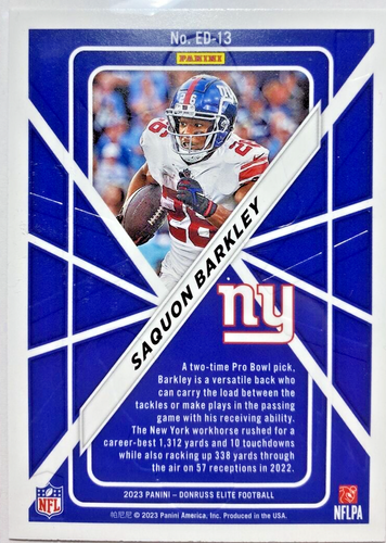 2023 Panini Donruss Elite Saquon Barkley Inserto Elite Deck No. ED-13 GIGANTES - Imagen 3 de 4
