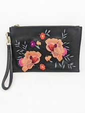 INC Molyy faux-leather floral embroidered wristlet clutch party pouch -BLACK