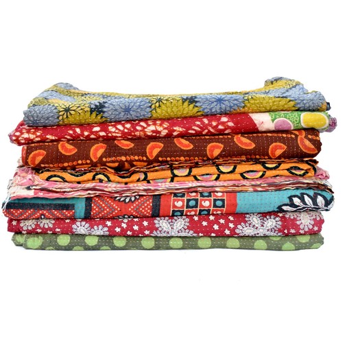 Lote de 10 PIEZAS De Colección Antiguo Edredón Sari Kantha Reversible Gudri Hecho a Mano Manta Lanzamiento - Imagen 2 de 7
