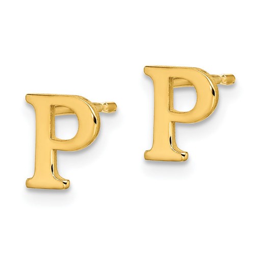 925 Sterling Silver Gold Plated Letter P Initial Stud Earrings - Picture 2 of 5